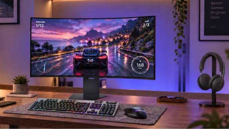 LG UltraGear curved monitor displaying a racing game on a desk with a Logitech keyboard, mouse, and headset, with "Better Games Brighter Days" text visible