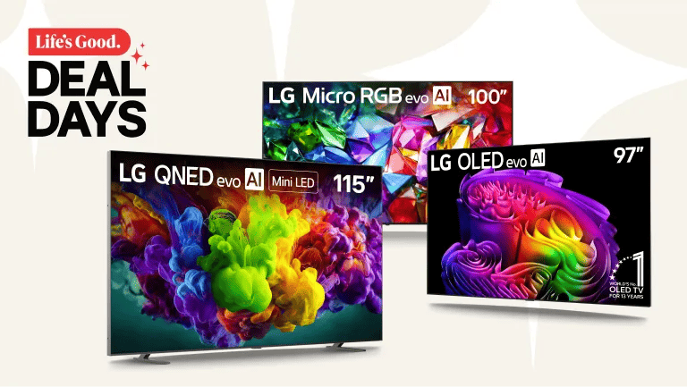 Life's Good. Deal Days featuring LG QNED evo AI Mini LED 115" TV, LG Micro RGB evo AI 100" TV, and LG OLED evo AI 97" TV with World's No. 1 OLED TV For 13 Years badge