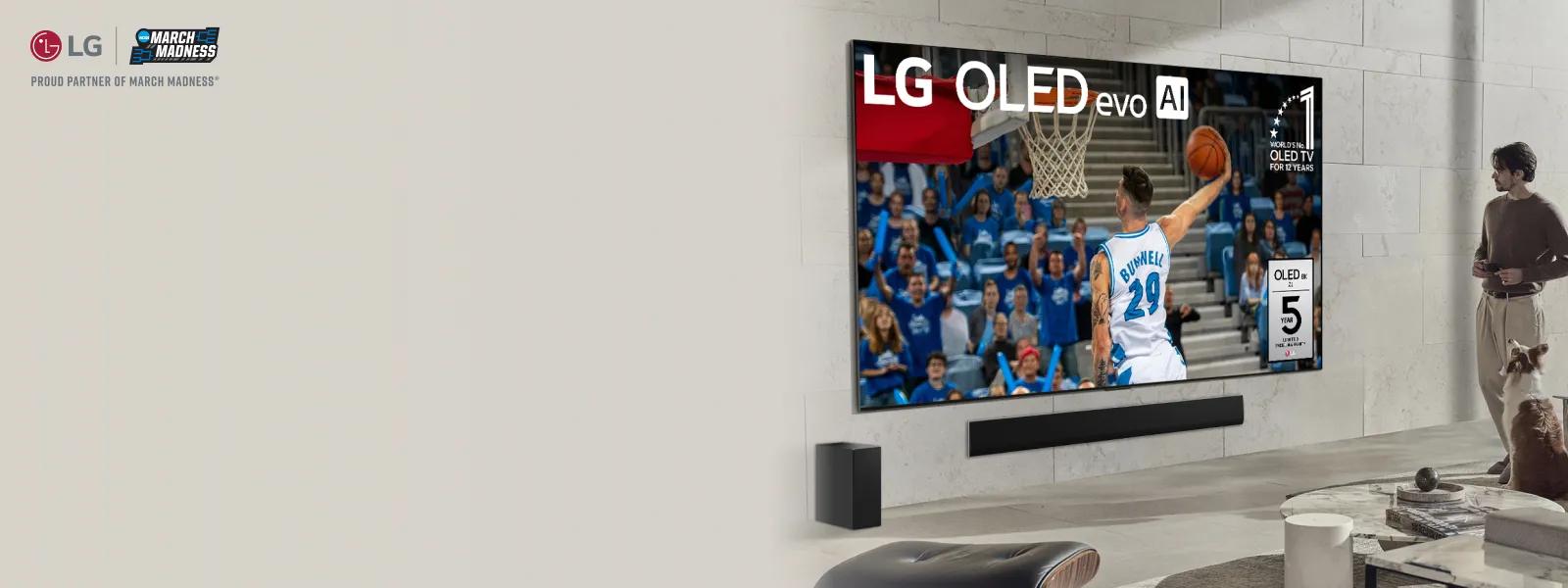 An advertisement for LG's Premier OLED TVs, featuring the model name 'LG OLED evo,' designed for an immersive viewing experience, showcased in a sleek and modern design. The image highlights the ultra-large screen size, perfect for enjoying events like March Madness.