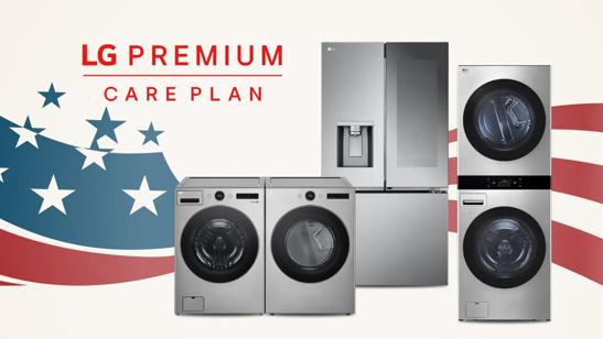 A group of LG home appliances in front of graphic of American Flag. “Memorial Day Savings Event” badge appears above. 