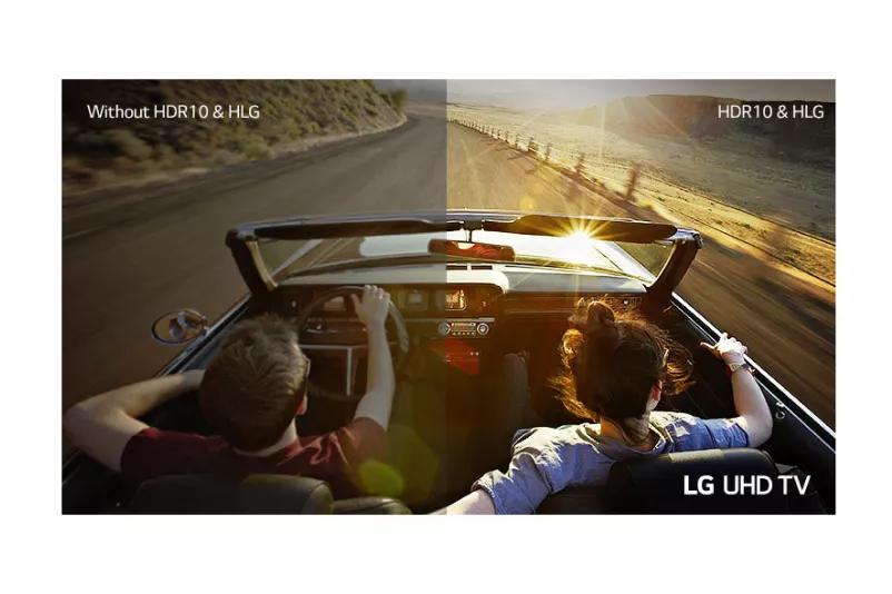 A couple in a car driving down a road Half is shown on a conventional screen shown with poor picture quality The other half shown with crisp vivid LG UHD TV picture quality