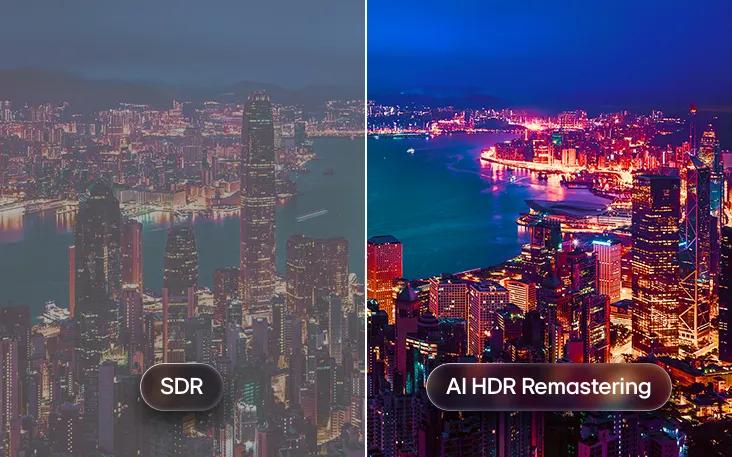 SDR AI, HDR Remastering. LG TV with AI HDR Remastering is shown in a split cityscape comparison, with SDR on the left and AI HDR Remastering on the right, displaying brighter city lights, deeper contrast, and more vivid detail across the scene.