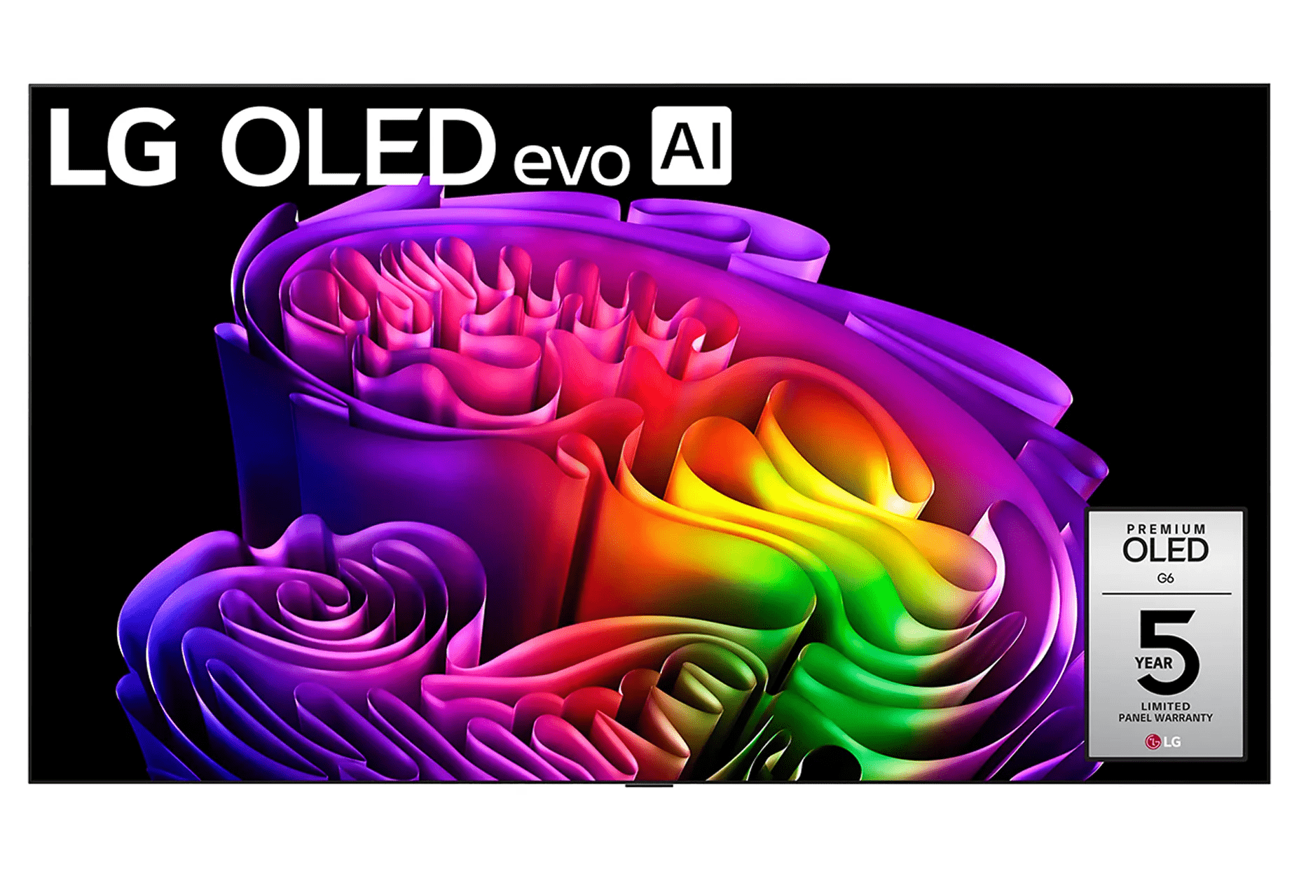 Colorful abstract screen image on an LG OLED evo AI G6, with 5-year limited panel warranty badge.