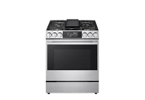 LG SIGNATURE LSGU6339X 6.3 cu. ft. Gas Slide-In Range with AI Gourmet Camera, front view.