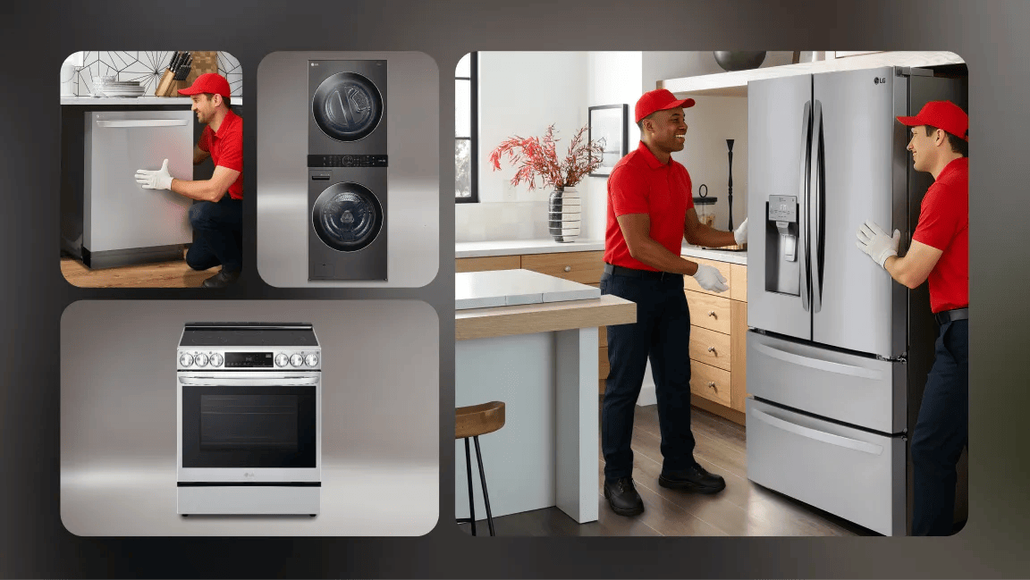 Home Appliance Installation Savings promotion featuring two installers in red uniforms delivering an LG French Door refrigerator in a kitchen, alongside panels showing installation of an LG dishwasher, LG WashTower, and LG range.