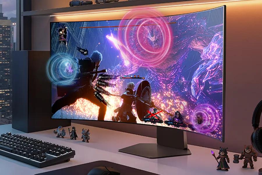 LG 45GX950B-B UltraGear OLED Gaming Monitor with AI Sound features displaying vibrant gaming scene