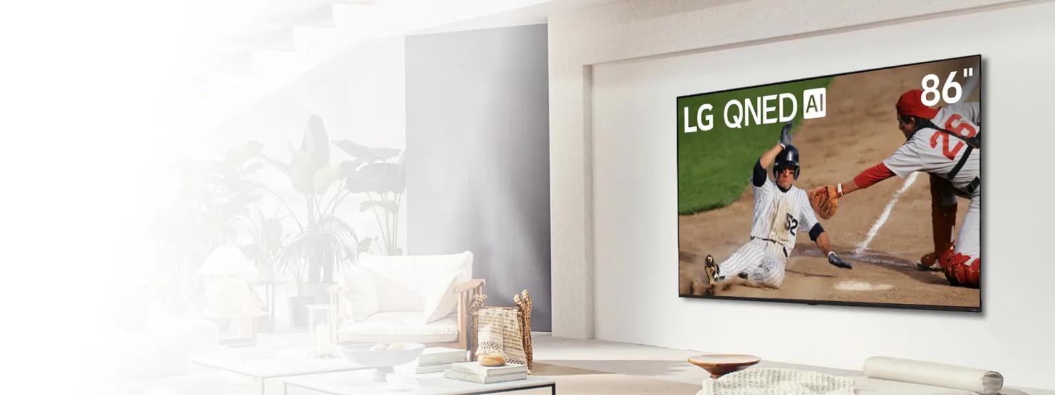 Baseball lifestyle image of a QNED LG TV which delivers brilliantly vibrant color powered by LG AI