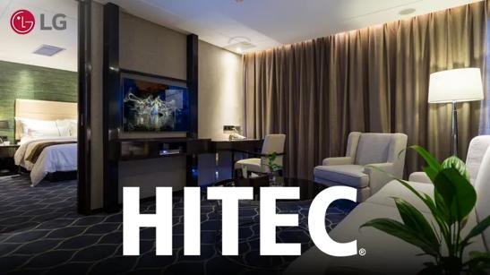 LG hospitality TV in a hotel room, with LG logo and HITEC logo overlaid