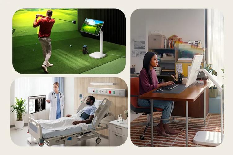A collage of a golfer, a doctor with a patient, and a woman working at a desk.