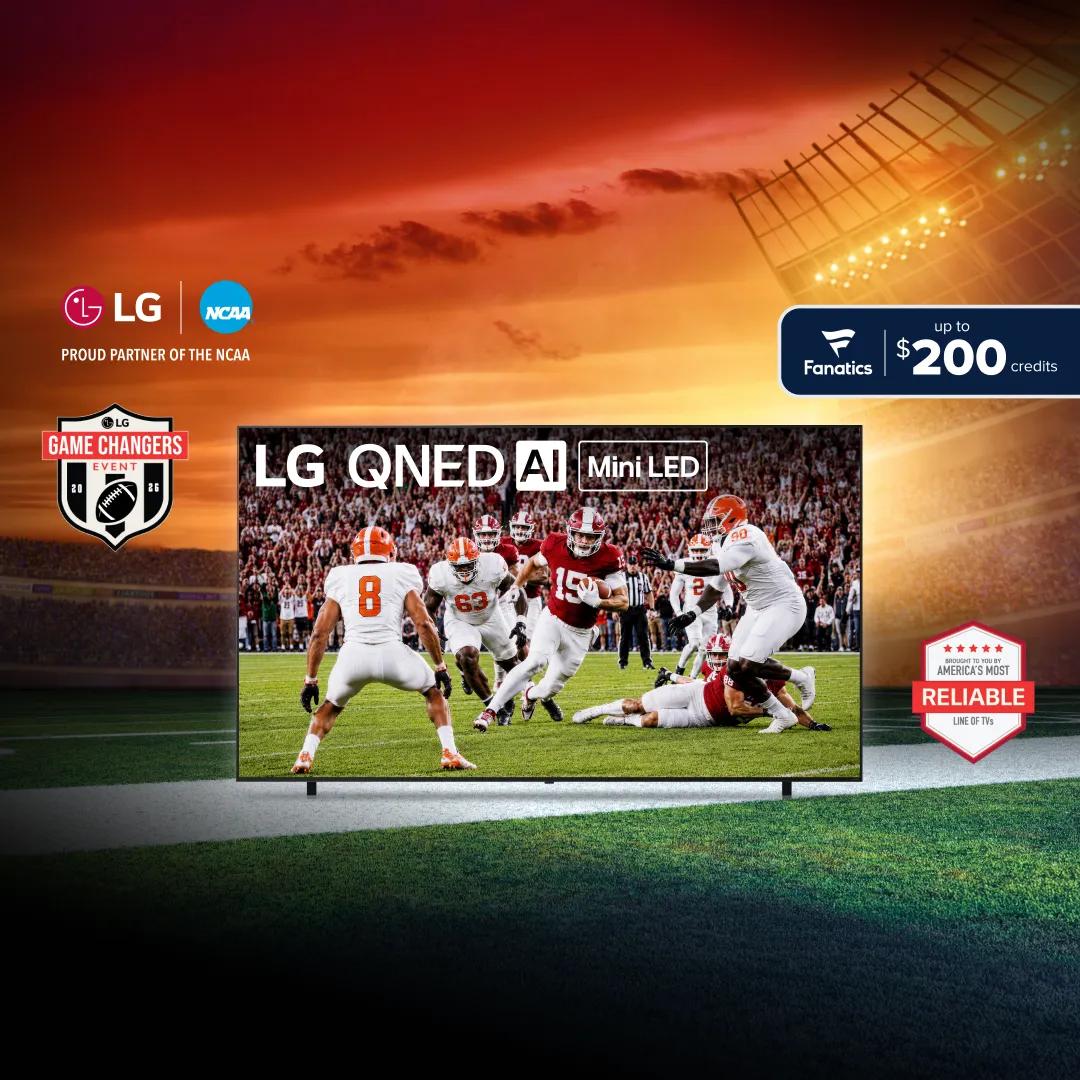 LG QNED AI Mini LED TV displaying a college football game against a stadium backdrop, with LG | NCAA Proud Partner of the NCAA logo, LG Game Changers Event badge, Fanatics up to $200 credits offer, and Brought to You by America's Most Reliable Line of TVs badge.