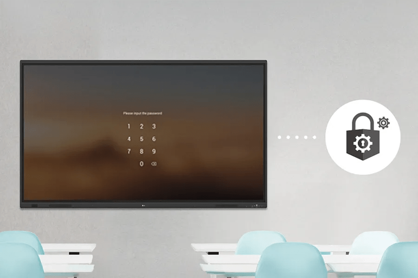 Wall-mounted display with password entry screen and security icon in a modern room.
