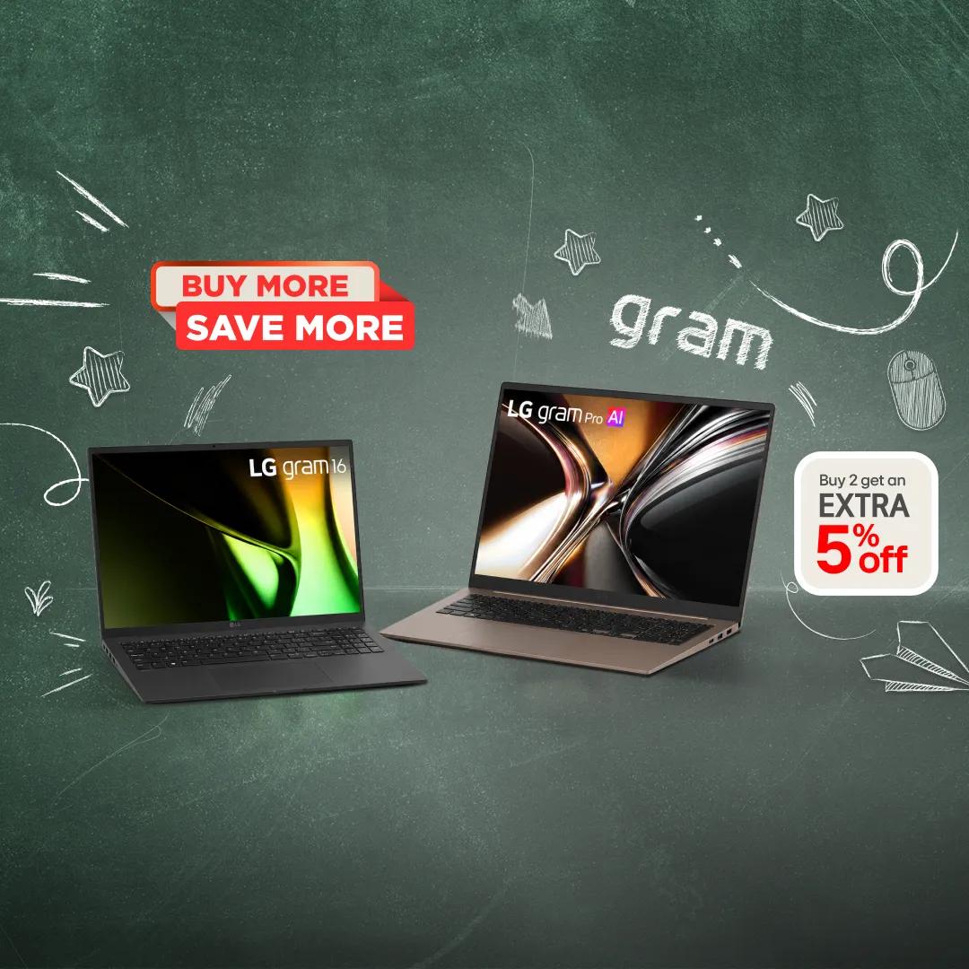 Back to School gram laptop promotion featuring LG gram 16 and LG gram Pro AI laptops on a chalkboard backdrop with school doodles -- BUY MORE SAVE MORE -- Buy 2 get an EXTRA 5% off