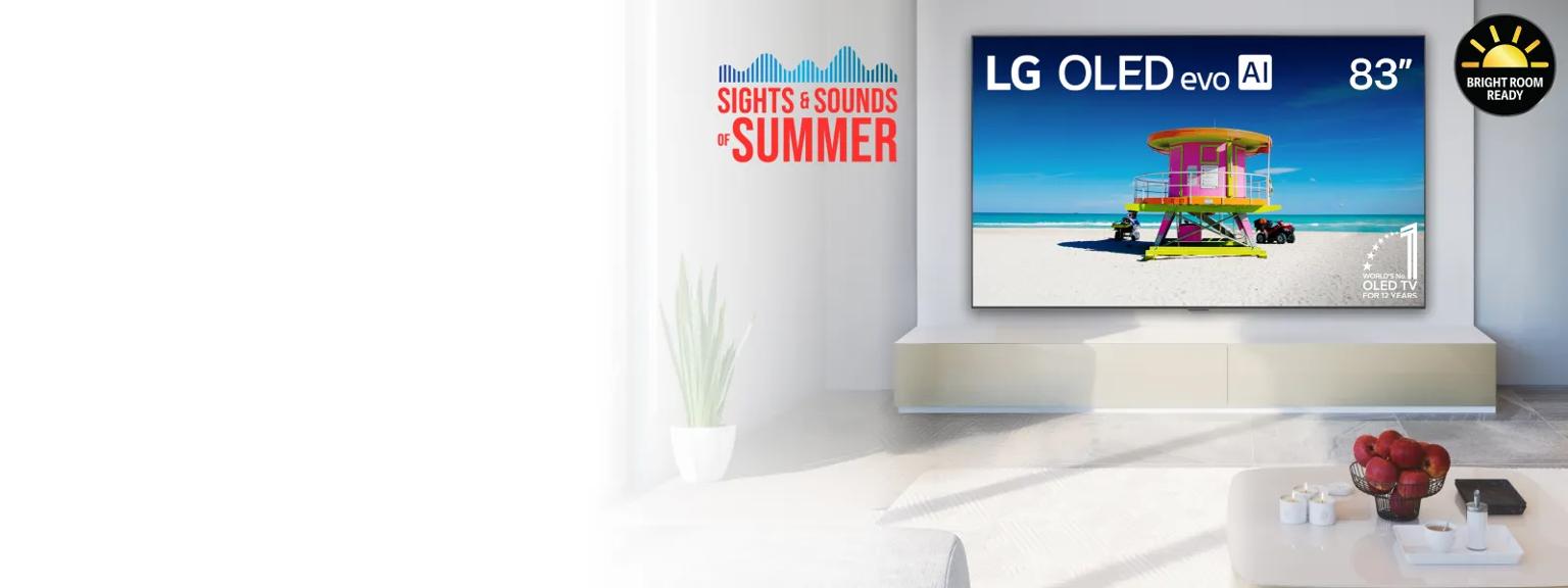 “Sights and sounds of summer” title badge. 83” OLED TV in a bright living room. “Bright Room Ready” badge.
