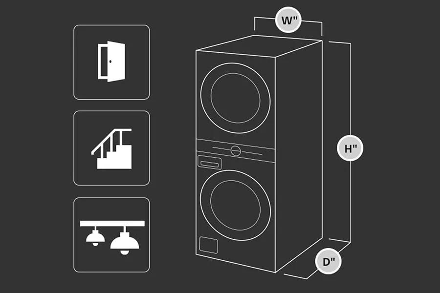 WashTower laundry appliance depicting width, height, and depth measurements.