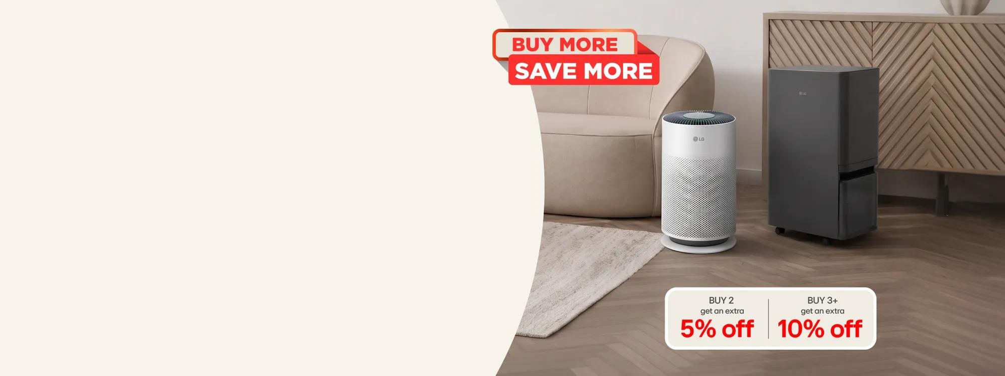 LG air purifiers displayed in a living room setting with a promotional banner reading BUY MORE SAVE MORE -- BUY 2 get an extra 5% off | BUY 3+ get an extra 10% off