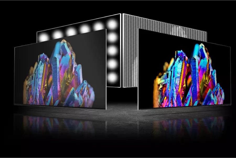 Two TVs displaying different backlighting techonologies with the right appearing more precise.