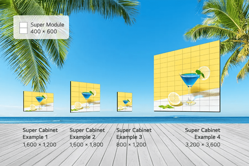 Tropical beach scene with four scalable images of a cocktail on a wooden deck.

Transcribed Text:

Super Module 400 × 600 Super Cabinet Example 1 1,600 × 1,200 Super Cabinet Example 2 1,600 × 1,800 Super Cabinet Example 3 800 × 1,200 Super Cabinet Example 4 3,200 × 3,600