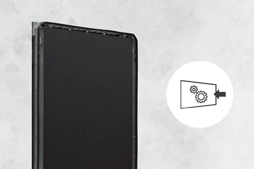 Black LED display panel with a white circle illustration of gears on the side.
