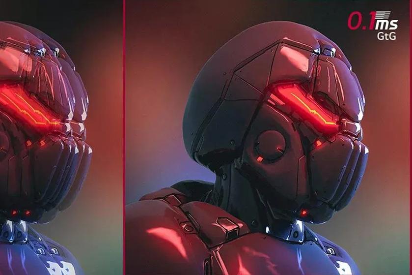 Futuristic robotic head with metallic and matte finishes, featuring glowing red eyes.