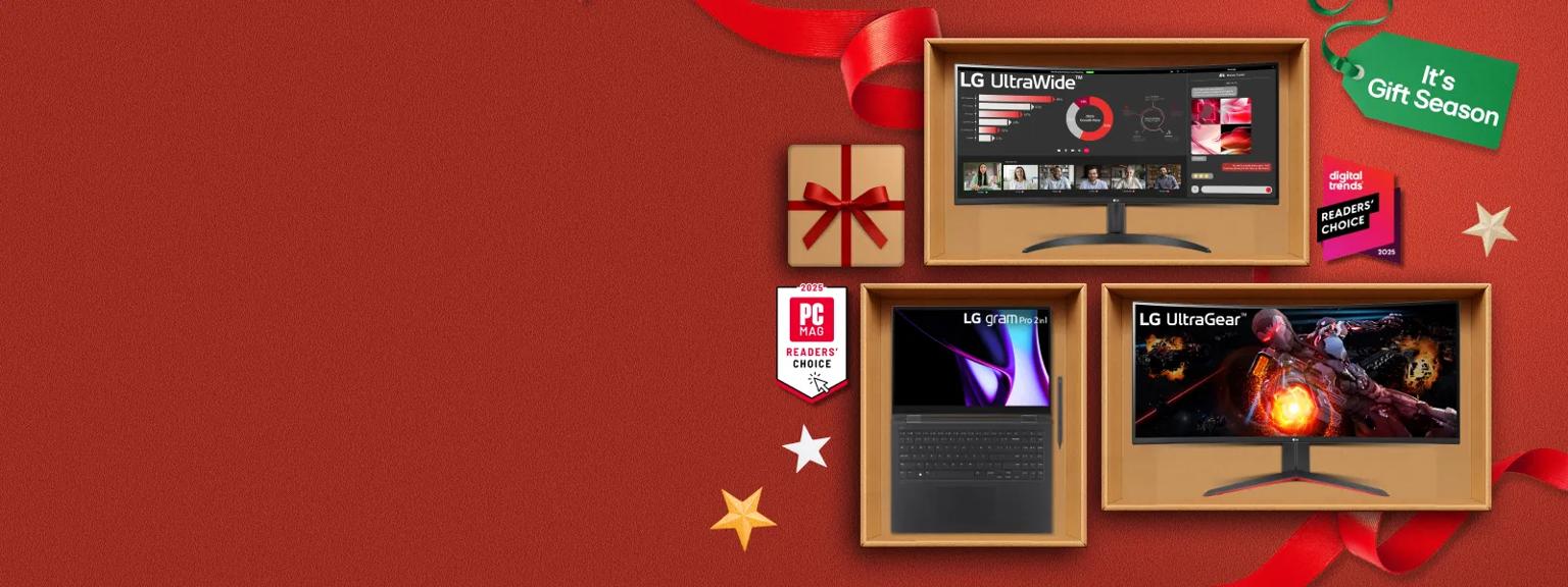“It’s gift season” badge. Opened and unopened gift boxes appear in a cluster. Various boxes display LG Monitors and gram laptop. “Digital Trends Readers’ Choice Best Monitor Brand 2025” and “PC MAG Readers’ Choice Top Laptop Brand for 2025” badges.