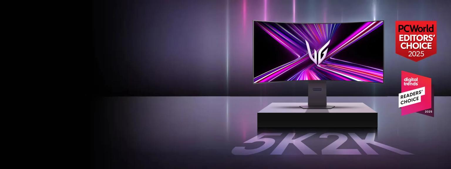 LG UltraGear OLED monitor with  award badges on the right. Badges read "PCWorld Editors’ Choice 2025" and "Digital Trends Readers’ Choice 2025".