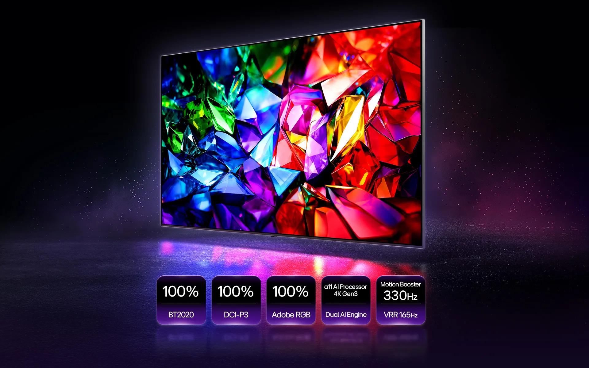 A visual of LG Micro RGB evo displaying vivid multi-color crystal imagery, enabled by Dual AI Engine and Motion Booster to deliver 100% color coverage across BT.2020, DCI-P3, and Adobe RGB.