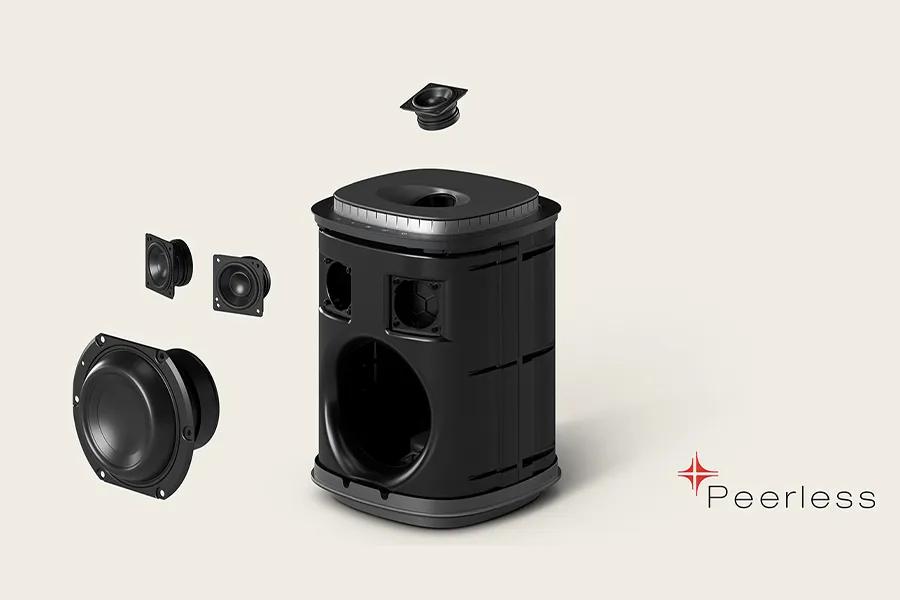 Image of an LG Sound Suite wireless speaker showing the driver and woofer engineered by Peerless