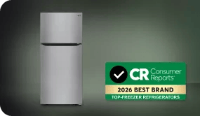 LG top-freezer refrigerator with Consumer Reports badge: 2026 Best Brand Top-Freezer Refrigerators.