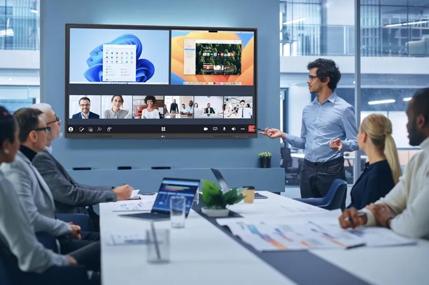 Createboard meeting room with video conference going on screen