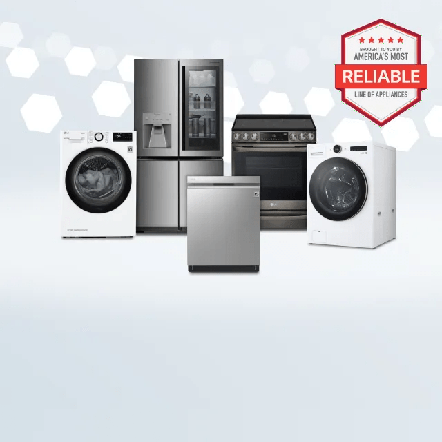 LG home appliance lineup including a front-load washer, French door refrigerator, stainless steel dishwasher, freestanding range, and compact washer. A red badge in the top right corner reads 'America’s Most Reliable Line of Appliances. 