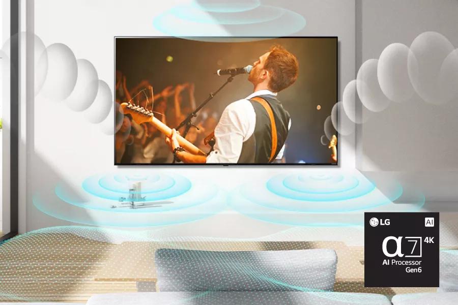 A singer on-screen with sound waves reverberating from the TV. Alpha7 AI Processor Gen6 chip.