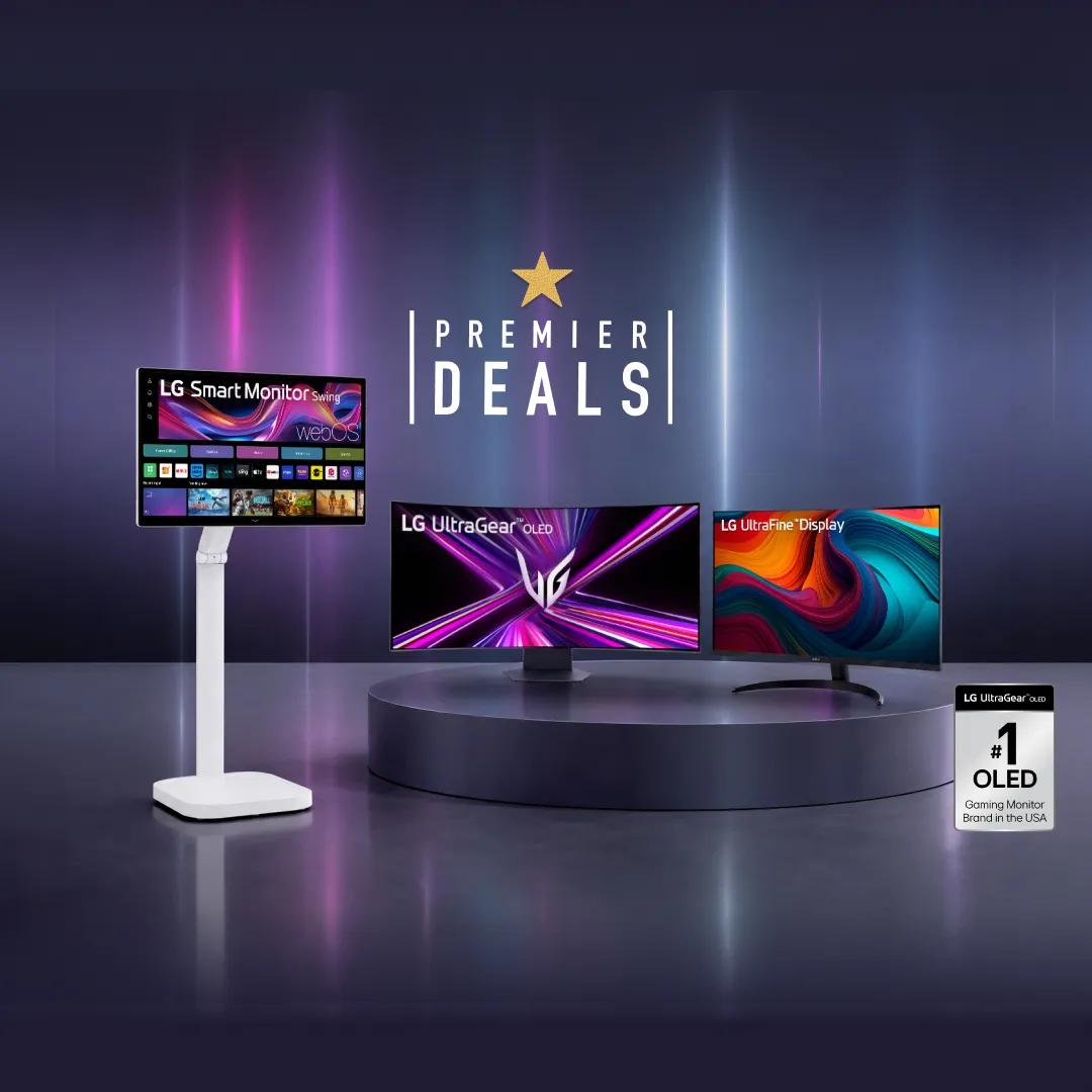 Three LG monitors displayed under a Premier Deals banner — the Smart Monitor Swing on a floor stand, the UltraGear OLED curved gaming monitor, and the UltraFine Display — with an "#1 OLED Gaming Monitor Brand in the USA" badge.