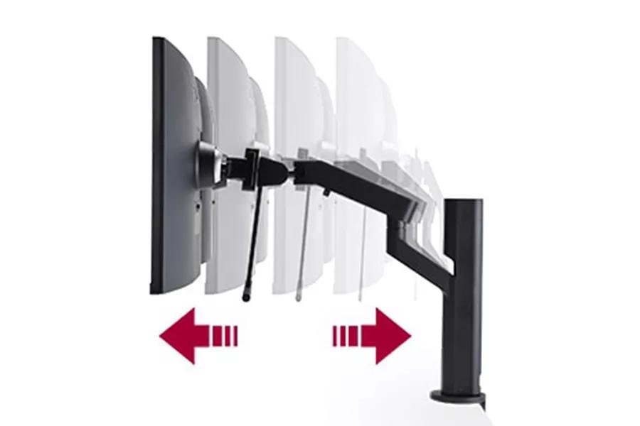 A retractable and extendable arm letting the monitor pulled closer or farther away up to 210mm