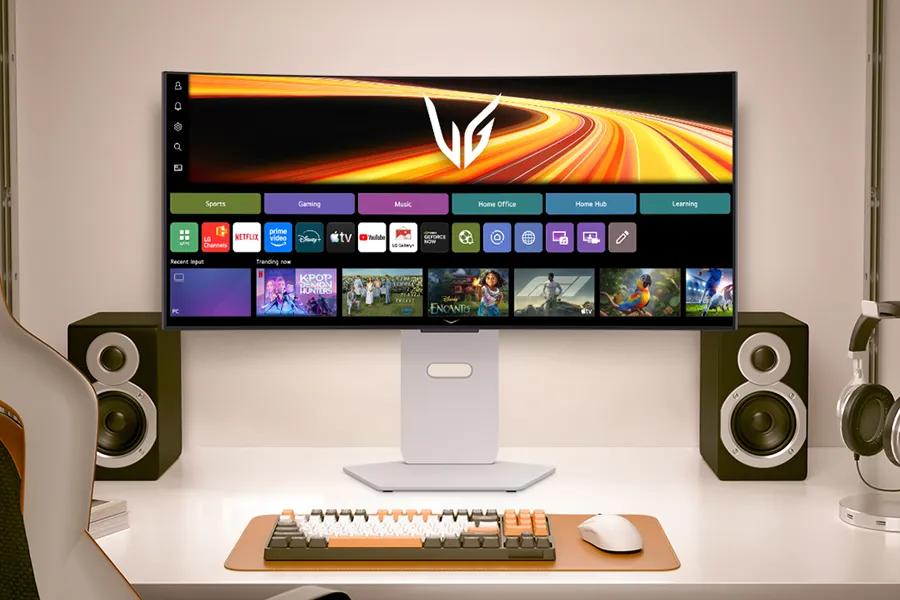 LG 34GX90SB-W UltraGear OLED Gaming Monitor displaying smart interface with streaming apps and content on desktop setup
