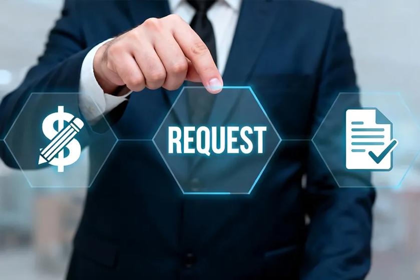 finance Referral design man in the background pointing to the word request