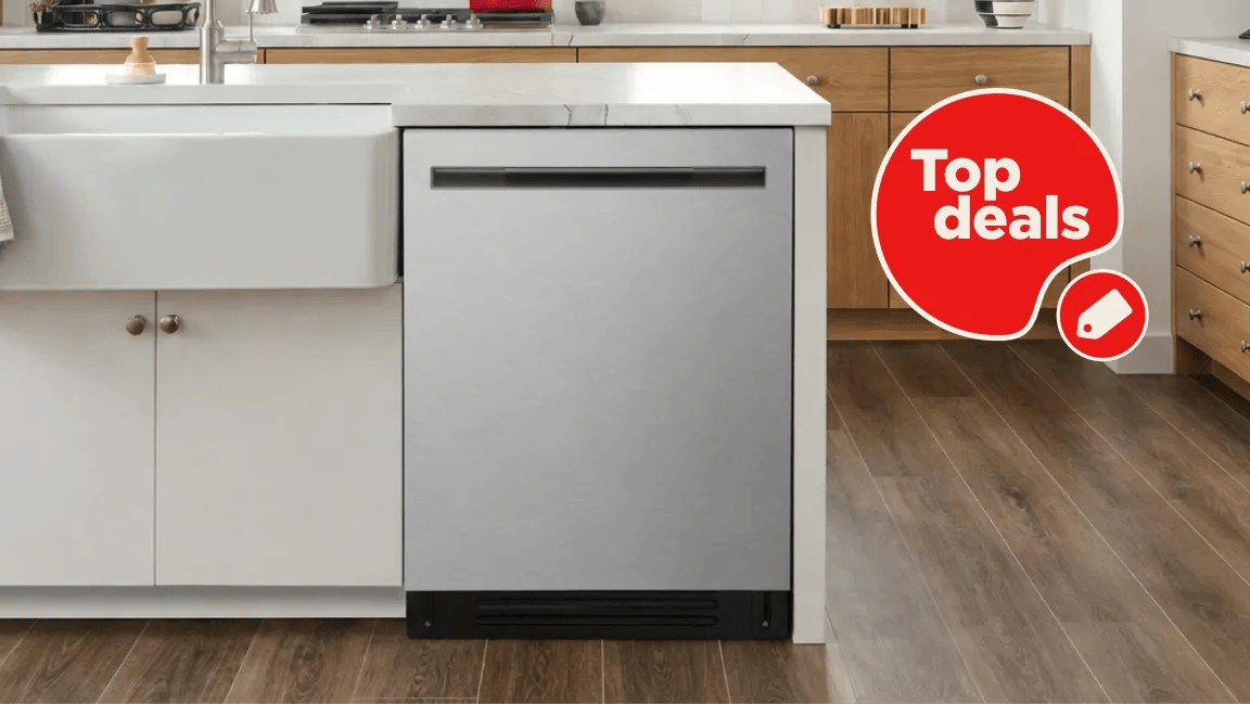 An LG top control dishwasher in a stylish kitchen setting. “Top Deals”, and badges. 