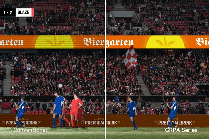 Image split into two parts comparing a soccer match with "Conventional" and "GRPA Series" viewing experiences.