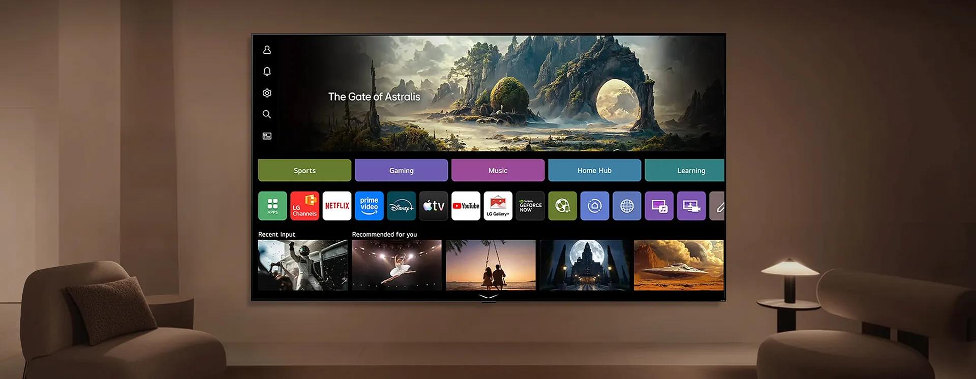 LG AI TV displays a home screen in a living space, showcasing apps like LG Channels and Netflix alongside recommended content, while the interface highlights direct access to hundreds of entertainment options.