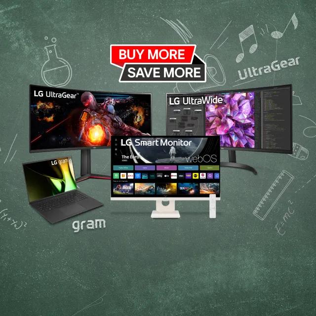 A group of LG laptops and monitors appear on a school-themed blackboard graphic.