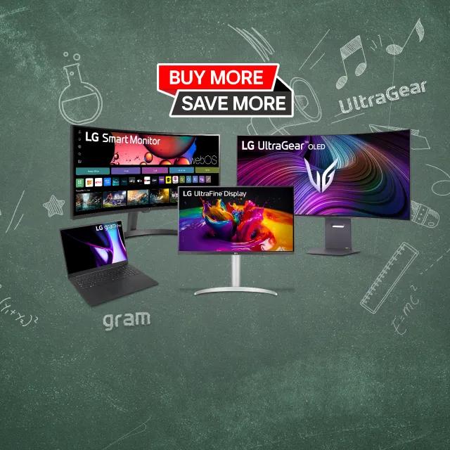 A group of LG laptops and monitors appear on a school-themed blackboard graphic. 
