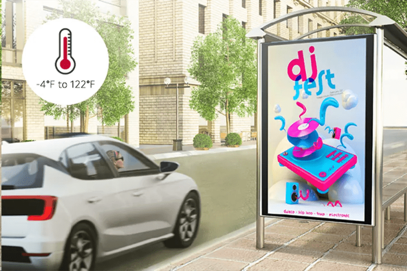 An urban scene with a car passing a bus stop displaying a "DJ Fest" advertisement. A thermometer icon shows temperatures from -4°F to 122°F.