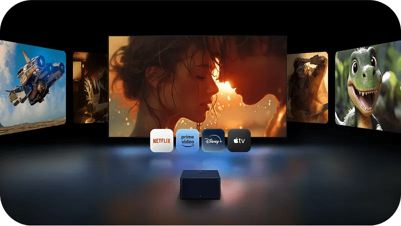 Screens in panoramic style showing a range of content. The central screen displays a romantic close-up of a couple about to kiss, surrounded by various genre scenes including sci-fi, drama, action, and animation. Icons for streaming apps Netflix, Prime Video, Disney+ and Apple TV shown below.