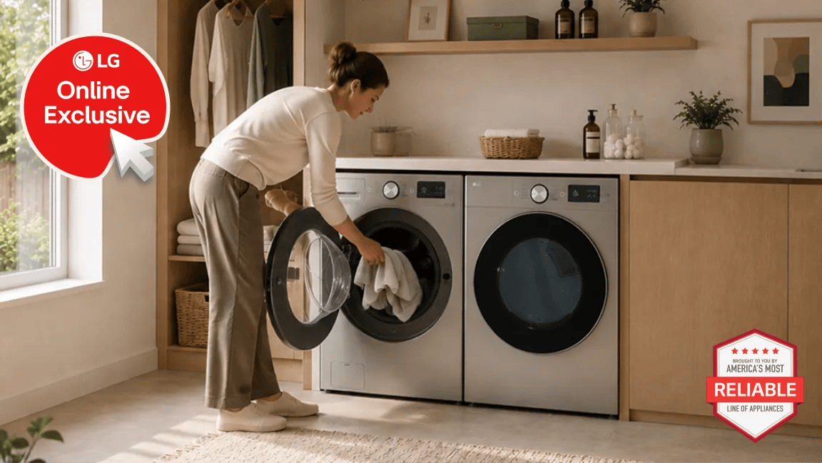 Labor Day LG washer and dryer bundle in a laundry room setting, woman loading laundry into the front-load washer, with LG Online Exclusive badge and brought to you by America's Most Reliable Line of Appliances badge