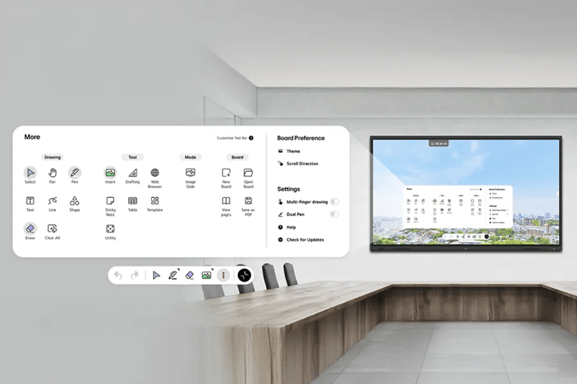 Conference room with a digital display showing cityscape and user interface menus with tool and setting options.