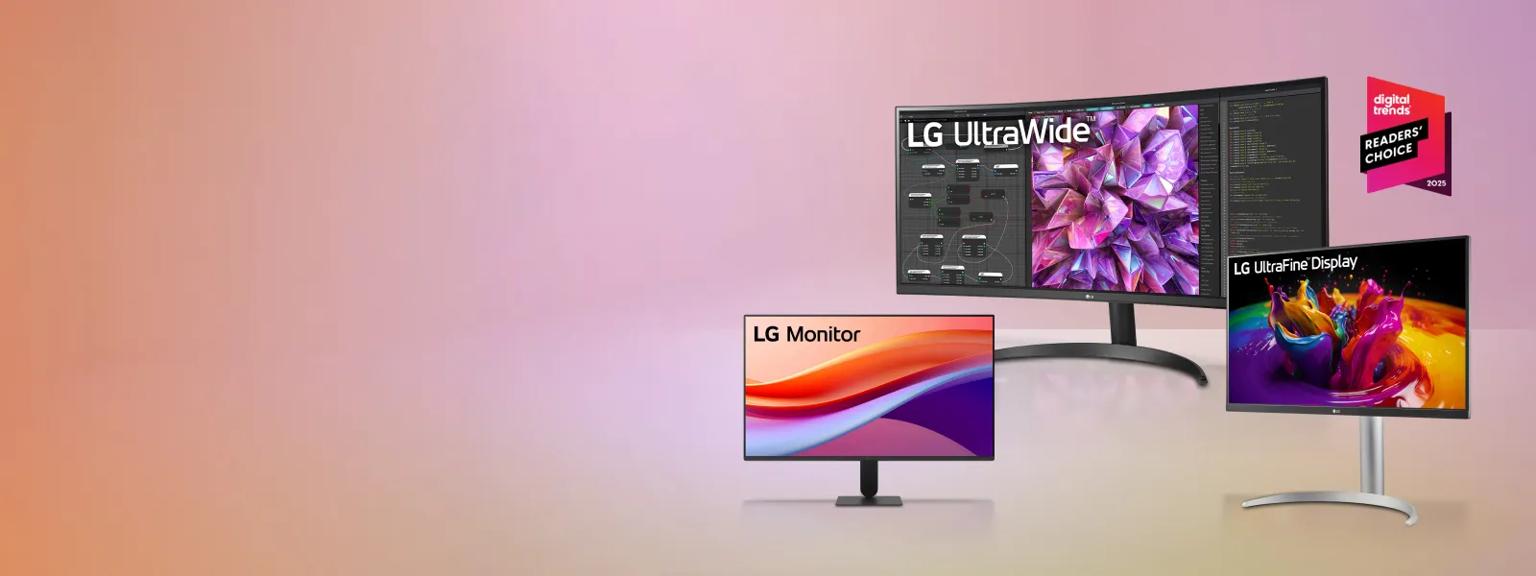 A group of LG Monitors on a pastel background. “Digital Trends Readers’ Choice 2025” badge.