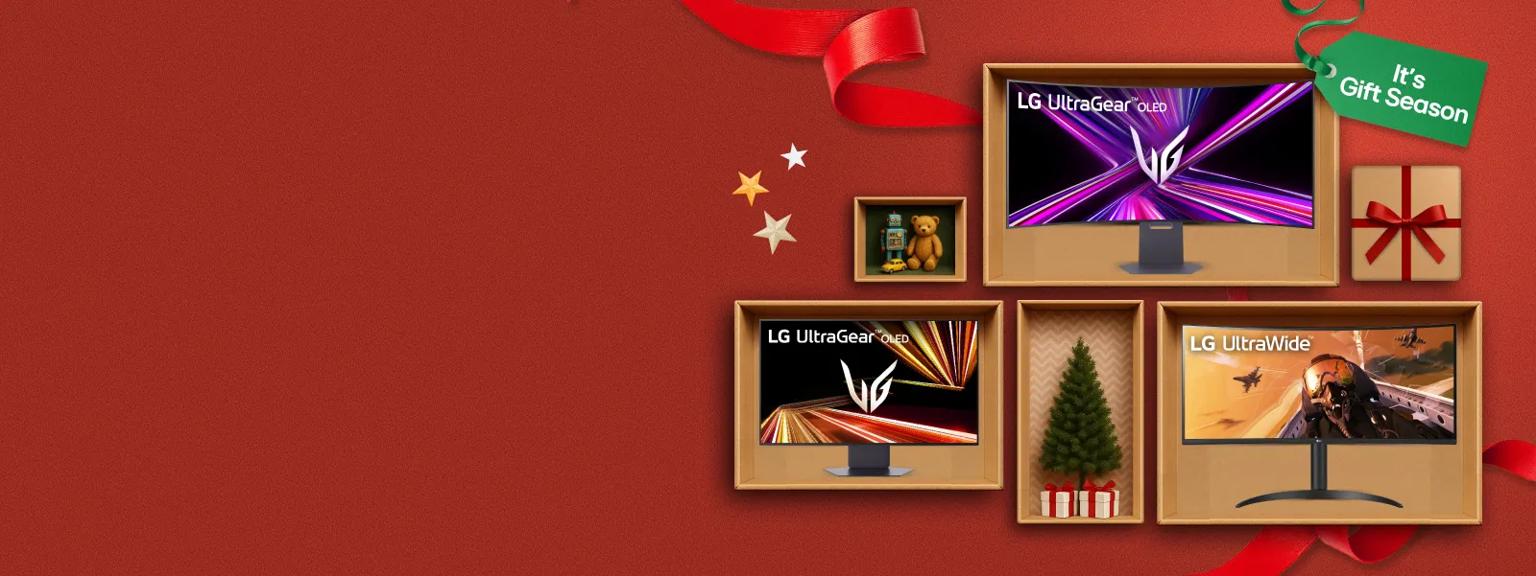 “It’s Gift Season” tag. Various LG monitors and holiday-themed items appear on a gift box collage layout.