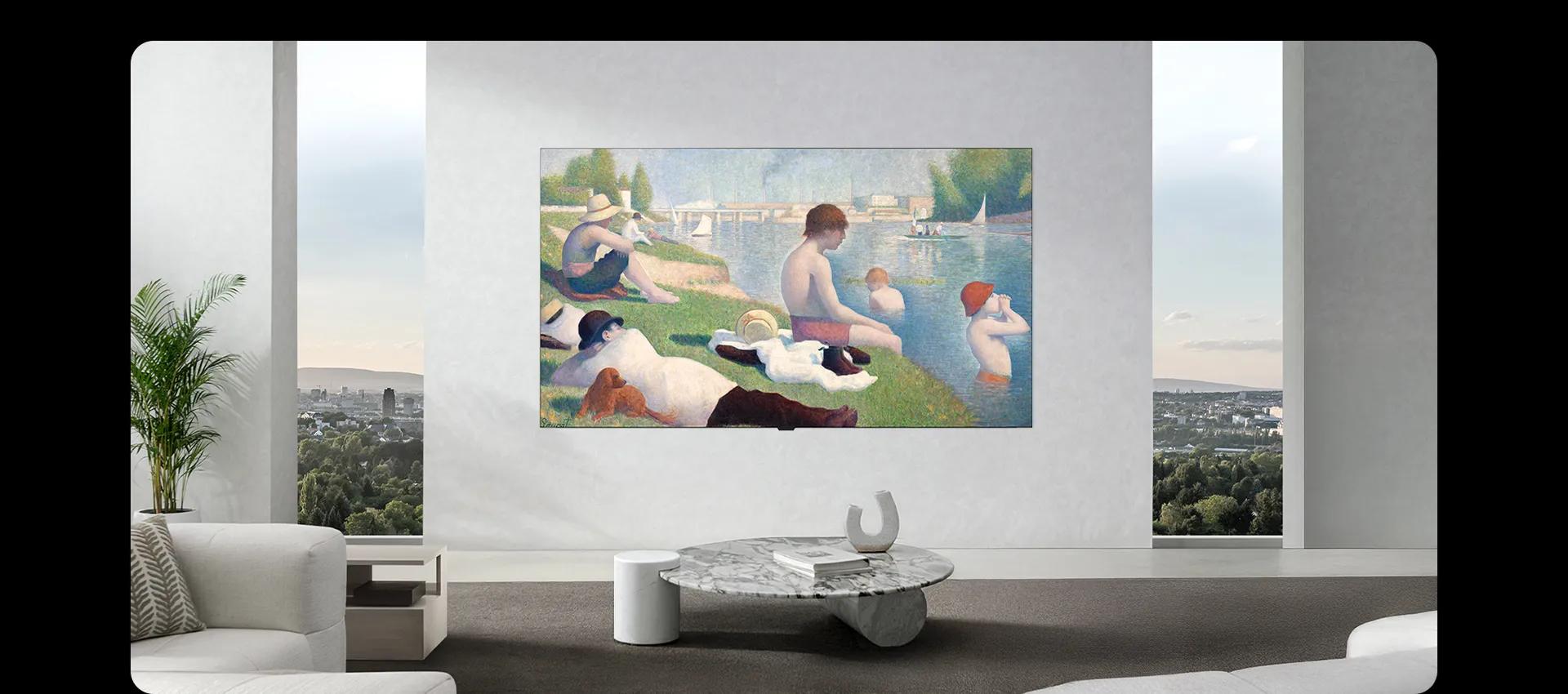 A visual of LG OLED evo W6 mounted without visible cables, highlighting its True Wireless installation while displaying artwork in a minimalist living space.