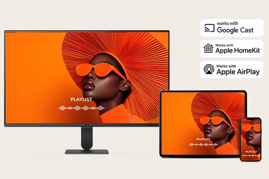 32U701SB-B Smart Monitor showing wireless casting from tablet and smartphone with Google Cast Apple HomeKit and Apple AirPlay compatibility