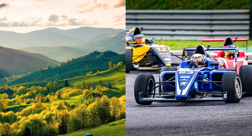 Split image of a green mountainous landscape and a Formula race car event.