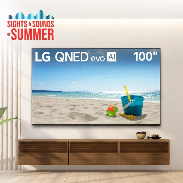 “Sights and sounds of summer” title badge. 83” OLED TV in a bright living room. “Bright Room Ready” badge.